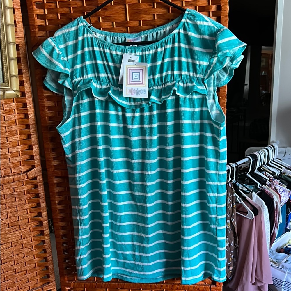 Striped Teal Ruffle Sleeve Top